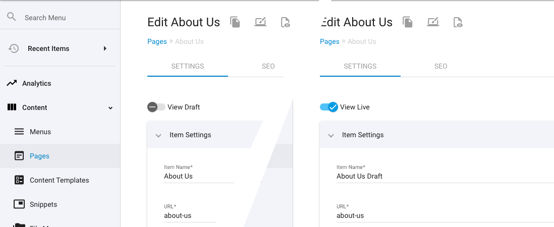 Pages - Toggle Live and Draft modes